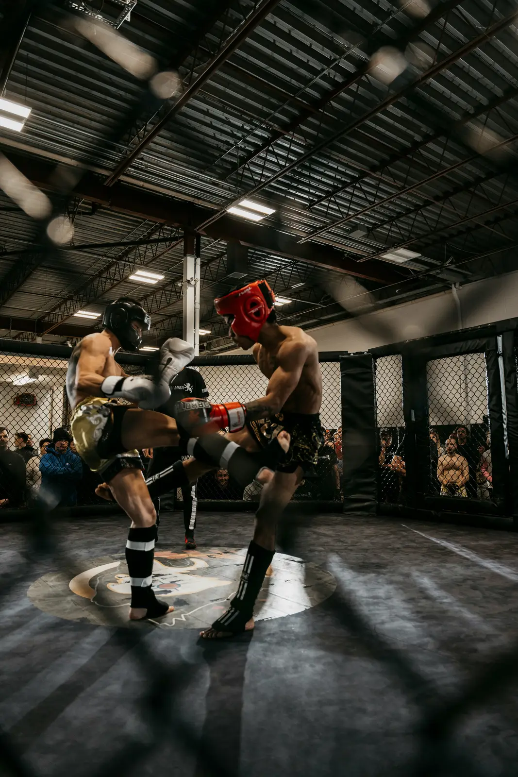 Two kickboxers trading knees in the cage